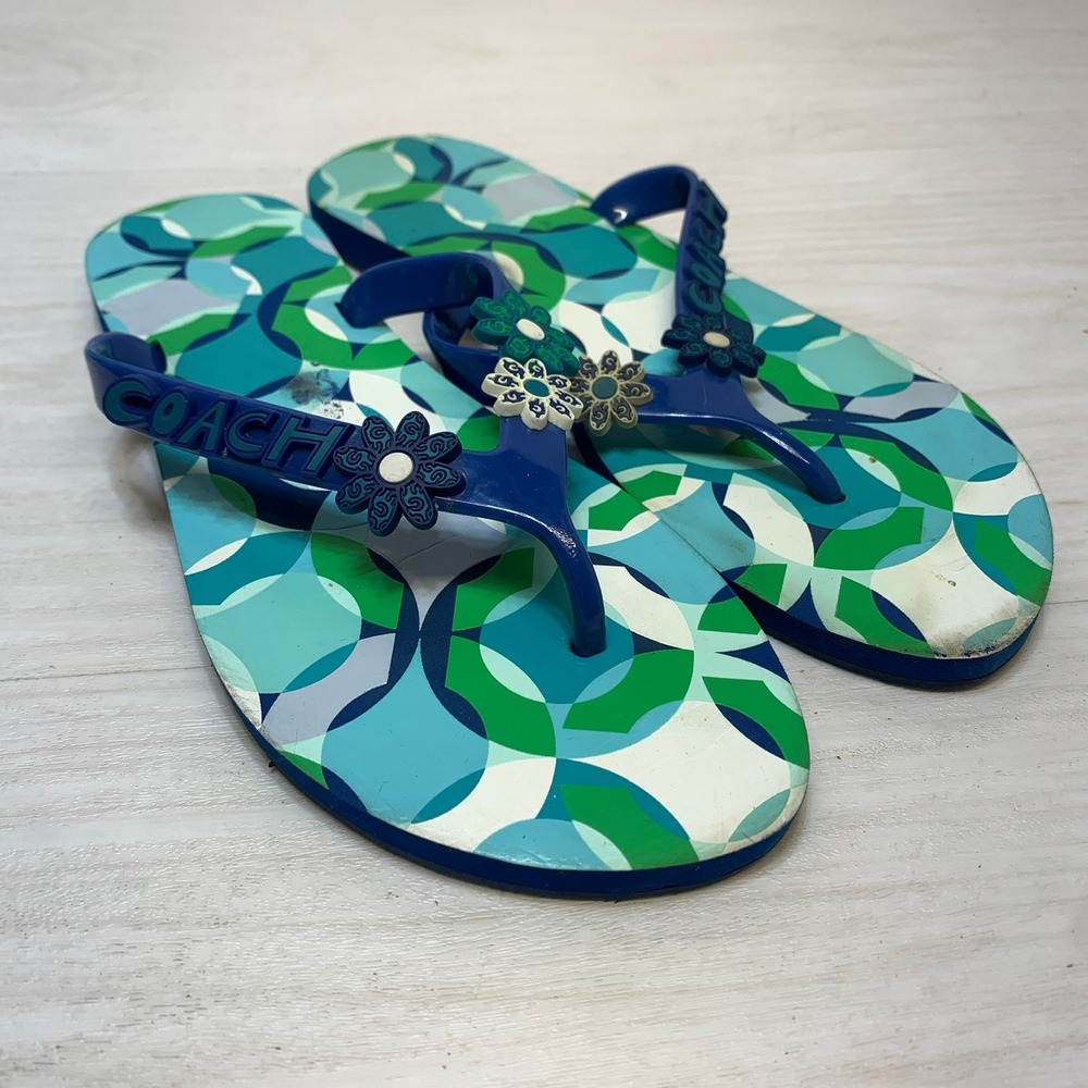 Coach Womens 7B Flip Flops Kerrie Blue Green Geometric Floral Jelly Sandals